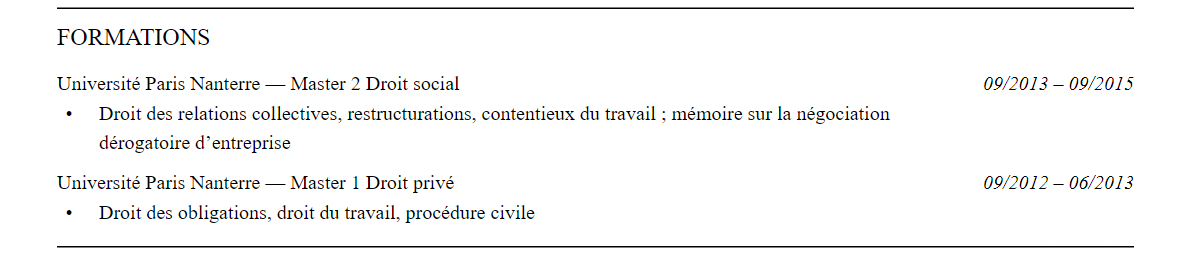 CV responsable relations sociales : formation