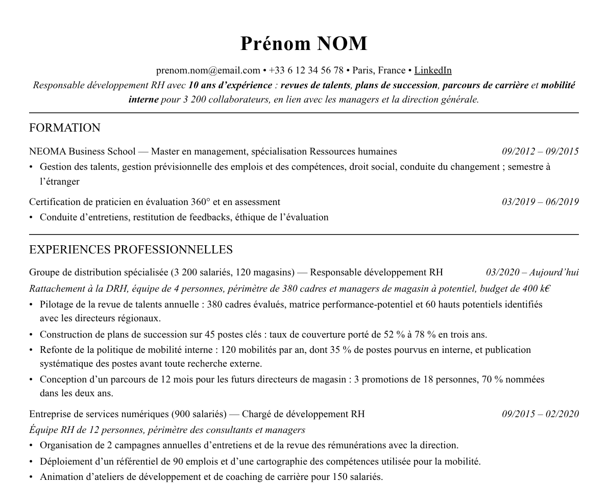 Aperçu : Exemple de CV Responsable développement RH