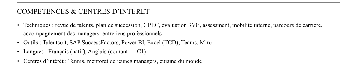 CV responsable développement rh : compétences et centres d’intérêt