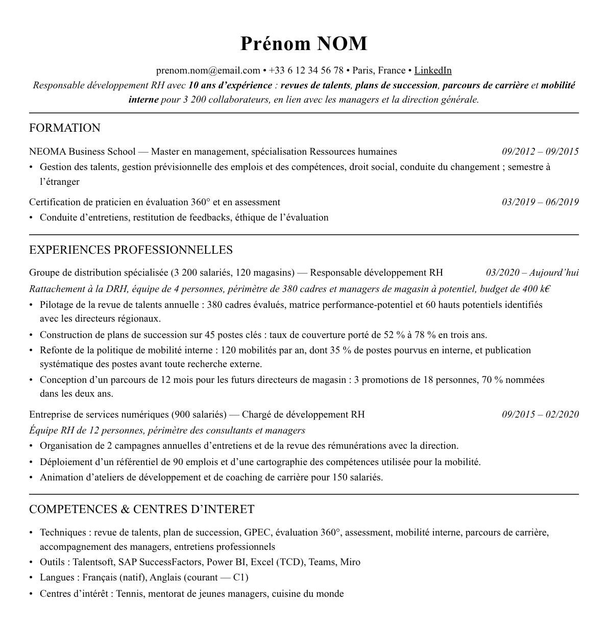 CV responsable développement rh complet sur une page