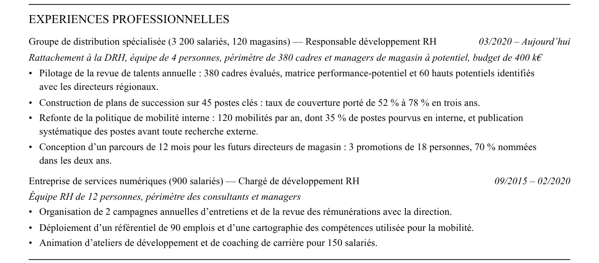 CV responsable développement rh : expériences