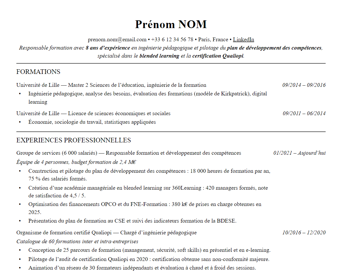 Aperçu : CV Responsable Formation / L&D : modèle, bullet points et outils 2026