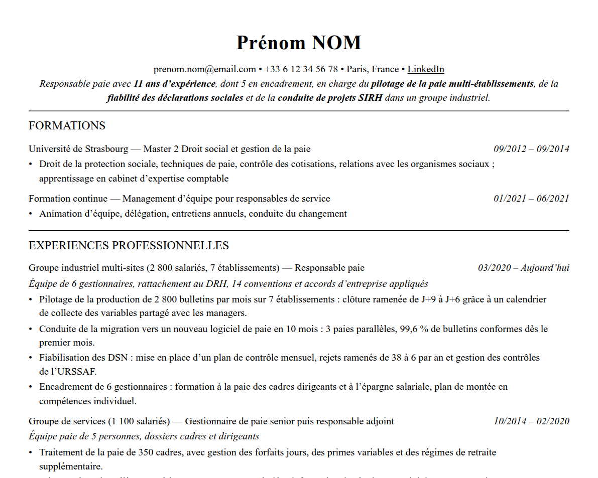 Aperçu : Exemple de CV Responsable paie