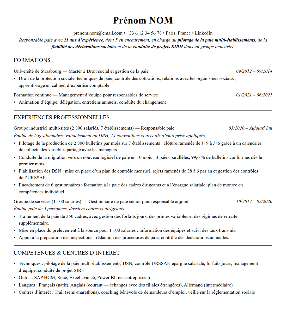 CV responsable paie complet sur une page