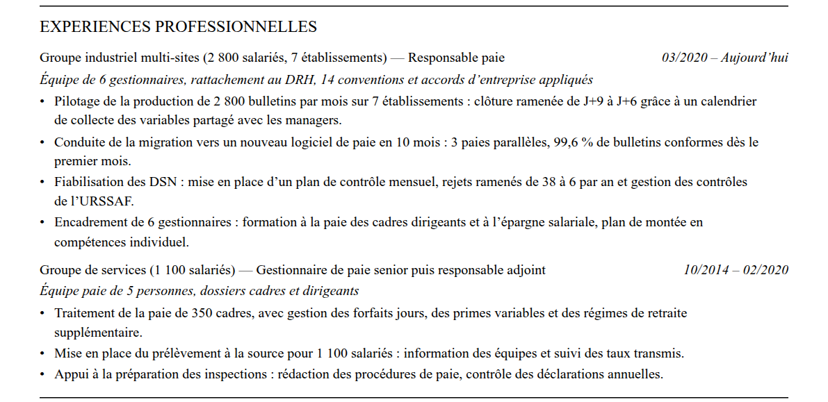 CV responsable paie : expériences