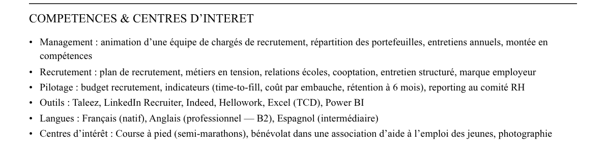 CV responsable recrutement : compétences et centres d’intérêt