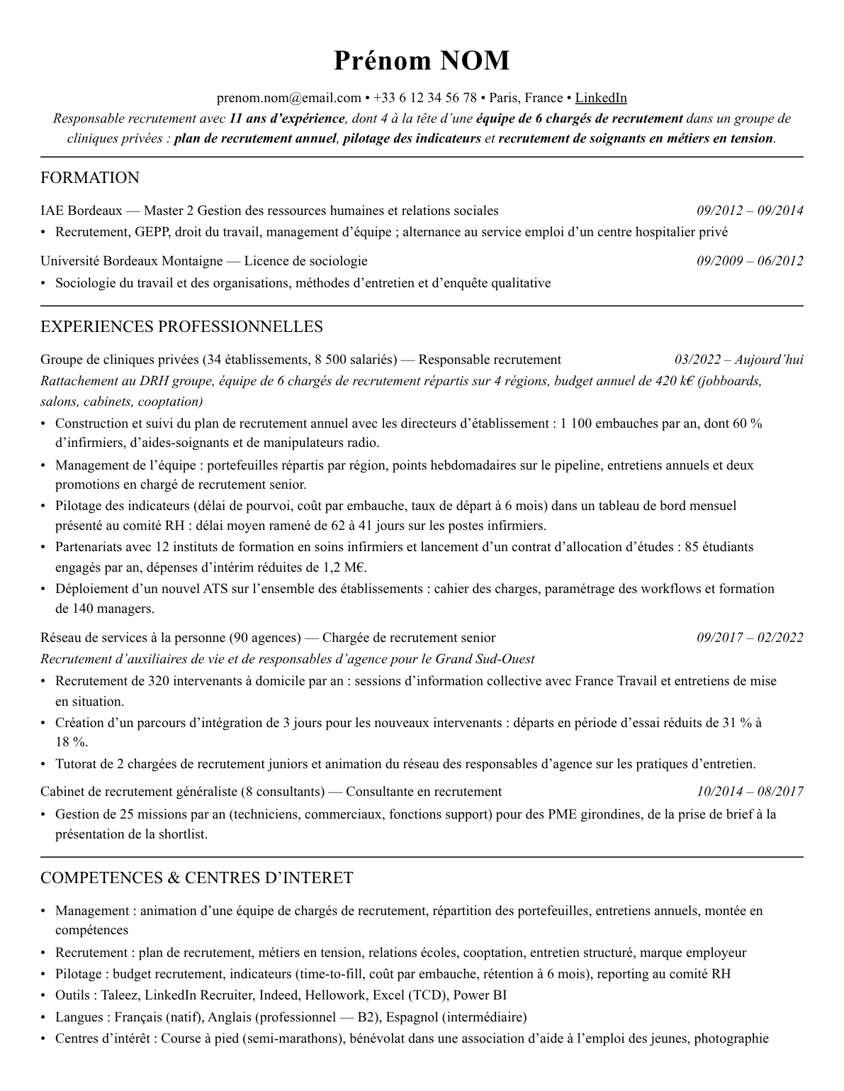 CV responsable recrutement complet sur une page