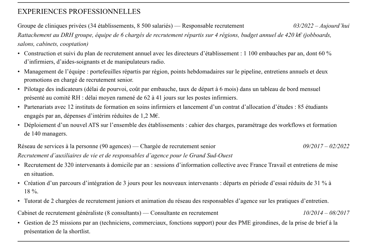 CV responsable recrutement : expériences