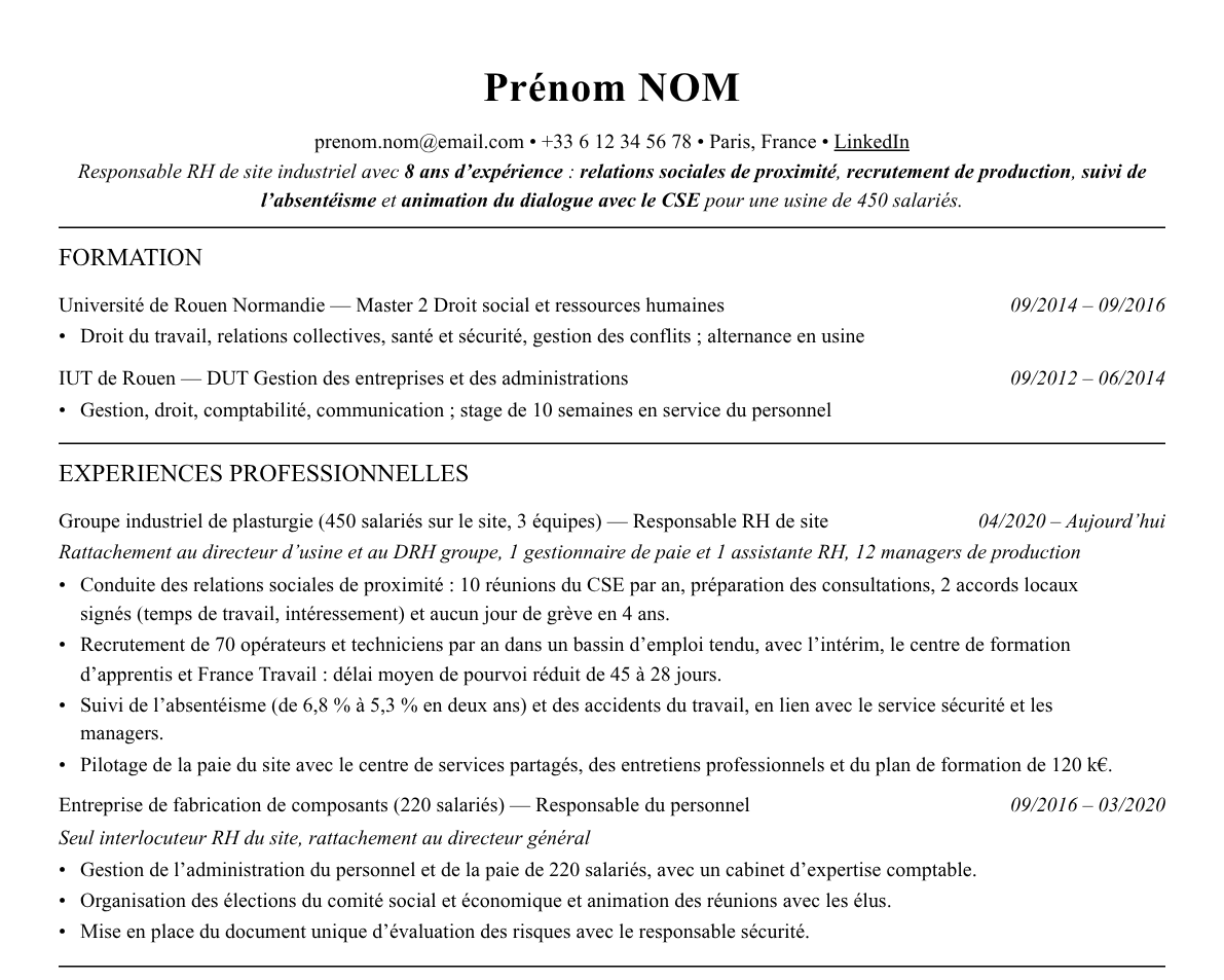 Aperçu : Exemple de CV Responsable RH de site