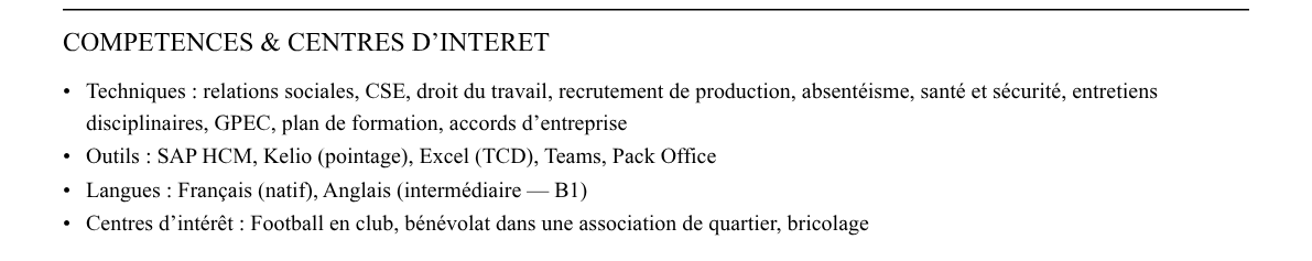 CV responsable rh de site : compétences et centres d’intérêt