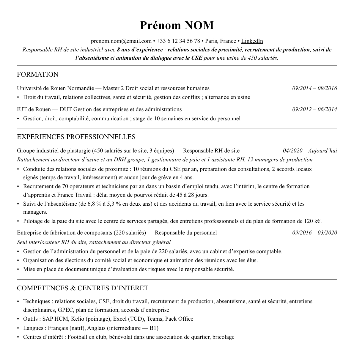 CV responsable rh de site complet sur une page