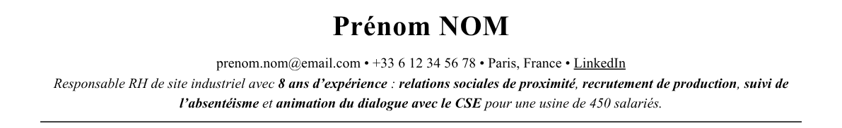 CV responsable rh de site : en-tête et accroche