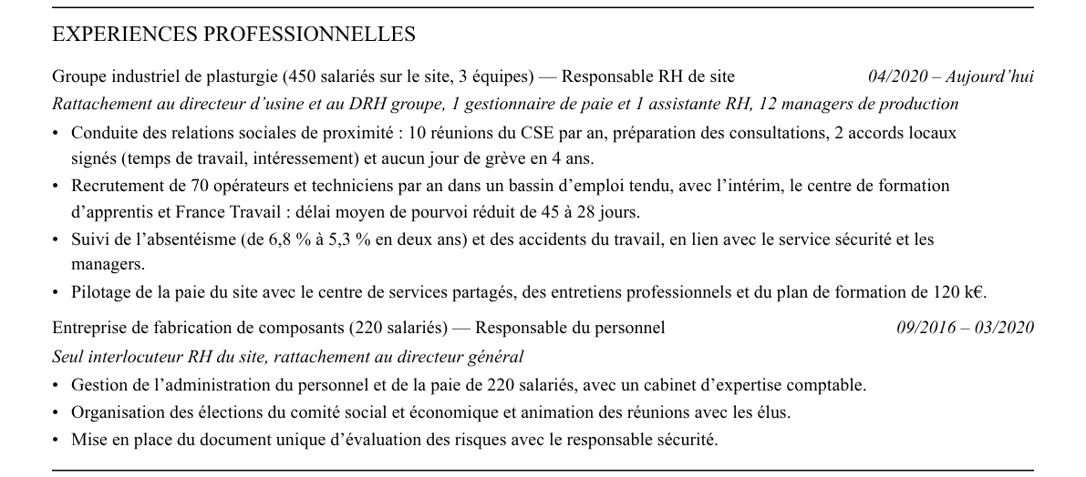 CV responsable rh de site : expériences