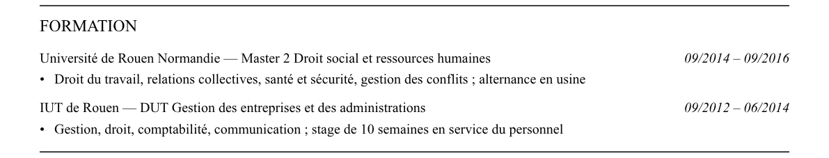 CV responsable rh de site : formation