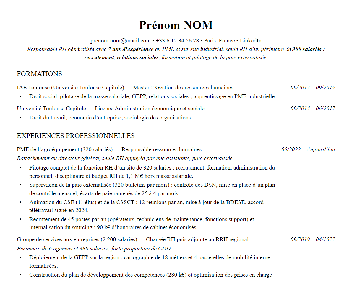 Aperçu : Exemple de CV Responsable ressources humaines