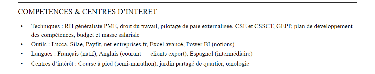 CV responsable ressources humaines : compétences et centres d’intérêt