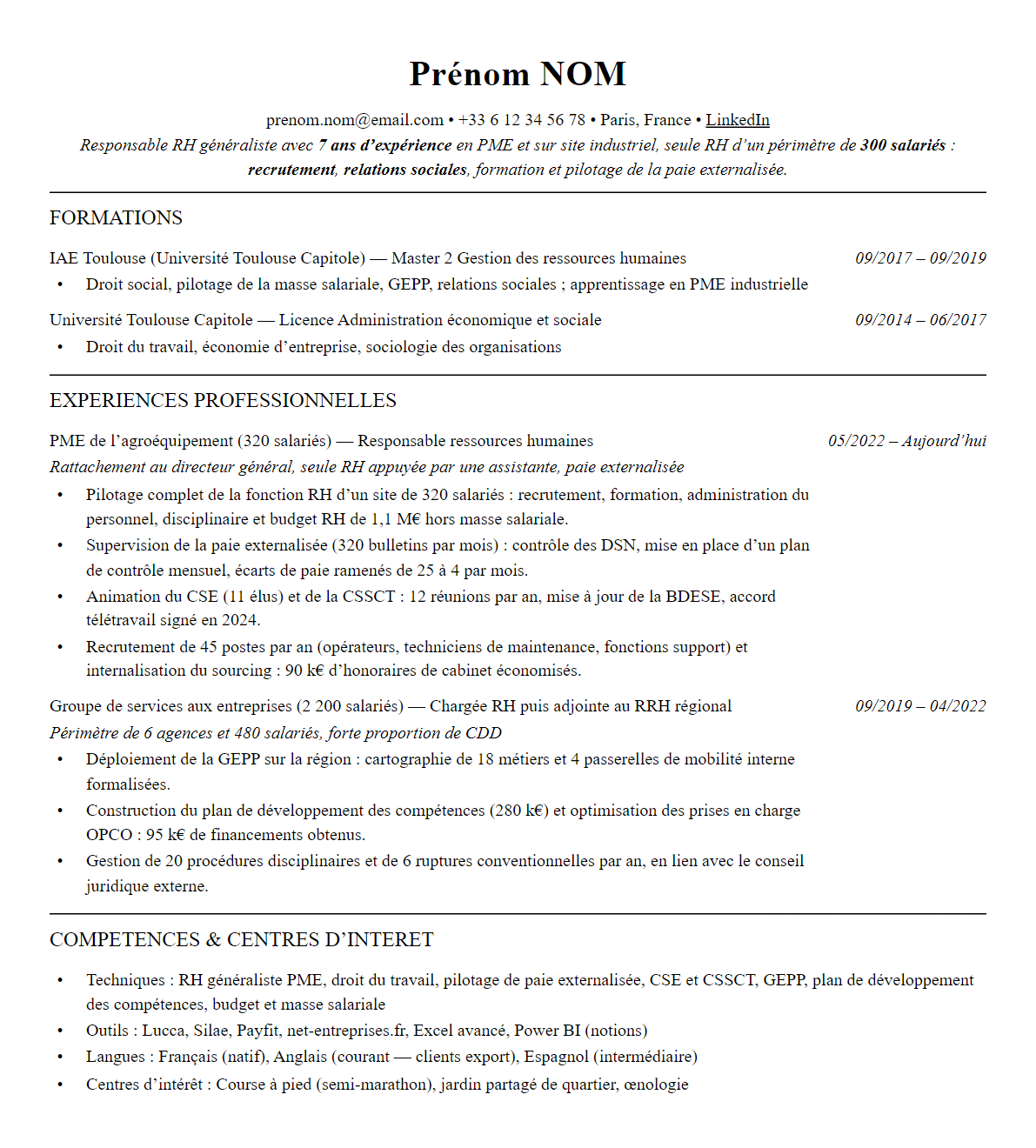 CV responsable ressources humaines complet sur une page