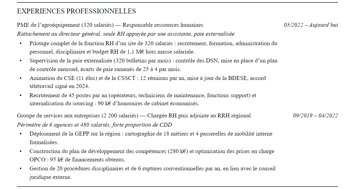 CV responsable ressources humaines : expériences