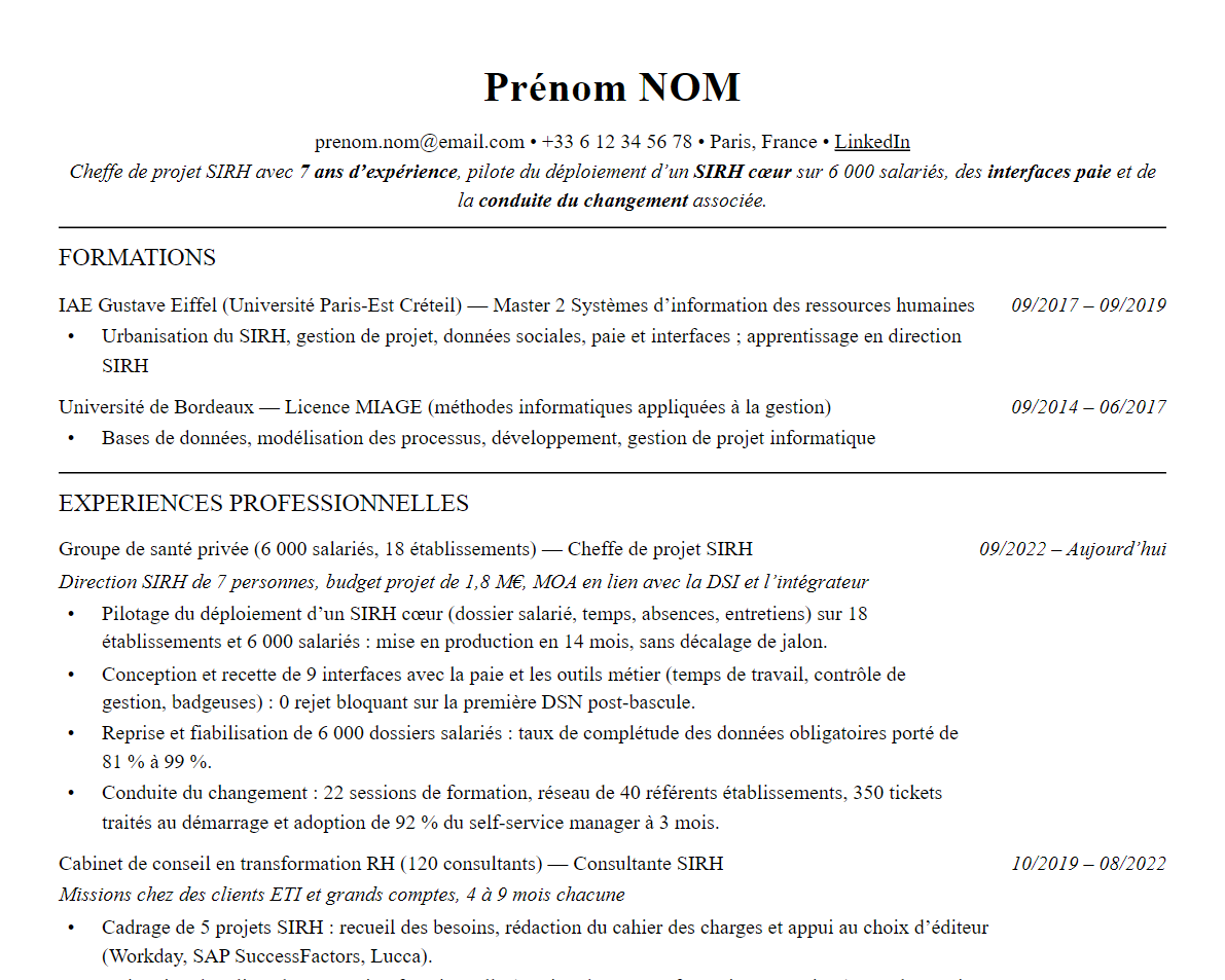 Aperçu : Exemple de CV Chef de projet SIRH