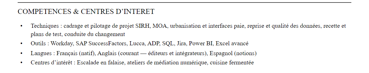 CV chef de projet sirh : compétences et centres d’intérêt