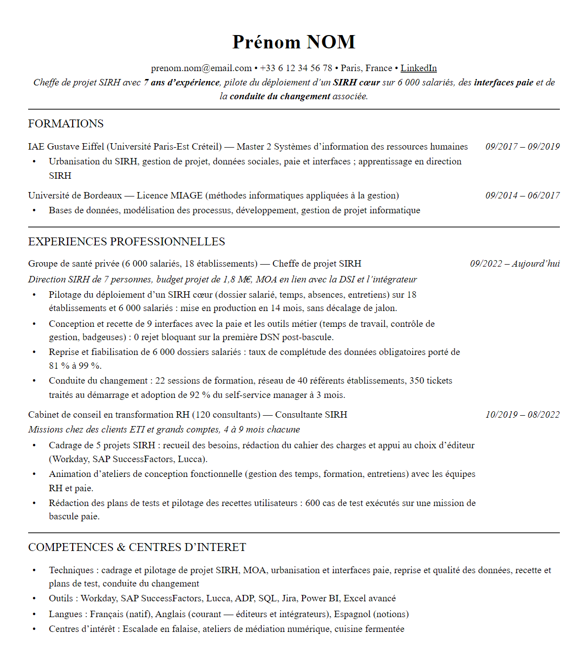 CV chef de projet sirh complet sur une page