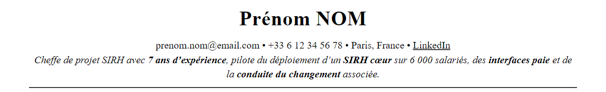 CV chef de projet sirh : en-tête et accroche