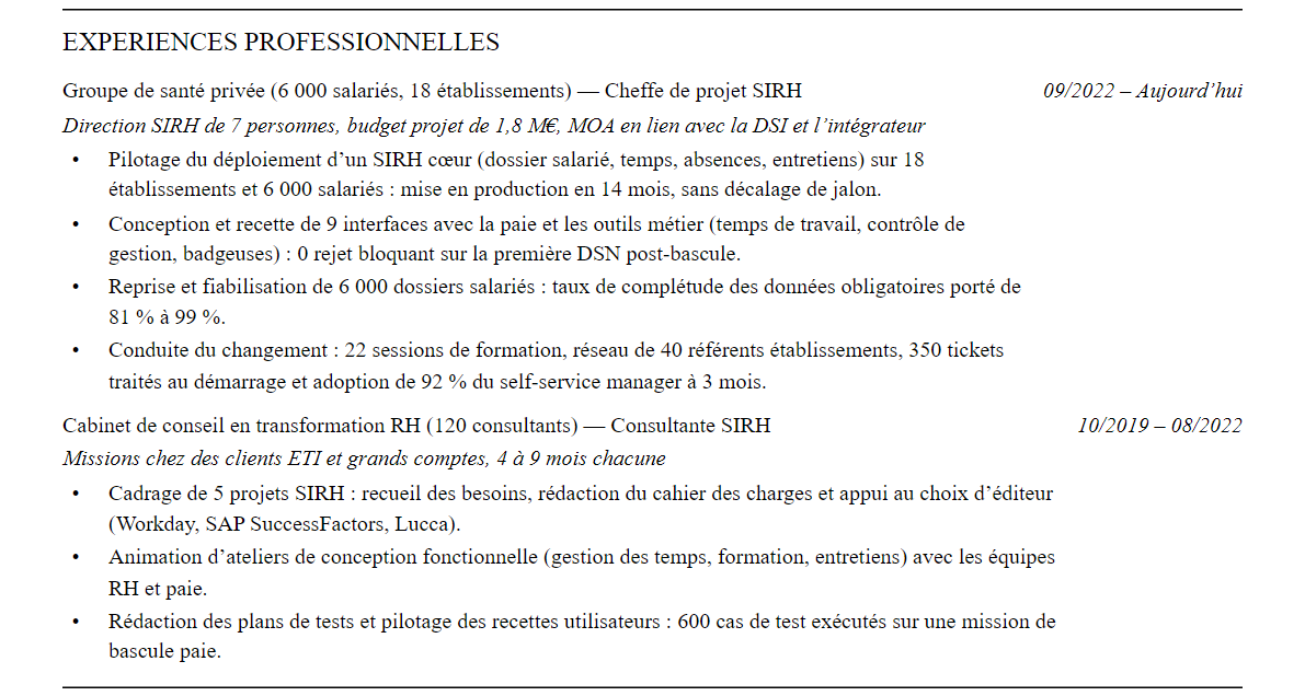 CV chef de projet sirh : expériences