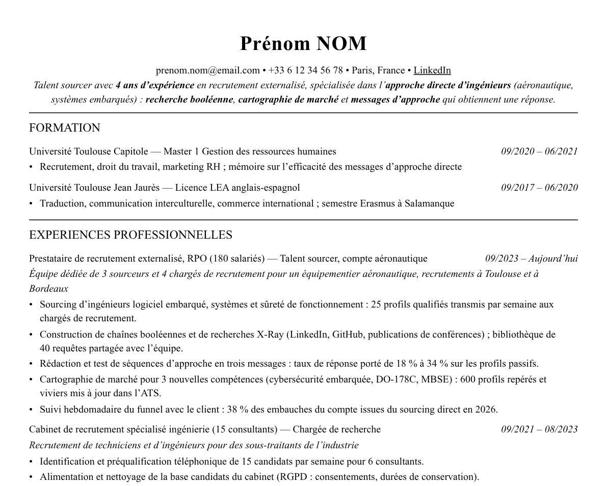 Aperçu : Exemple de CV Sourceur·se / Talent sourcer