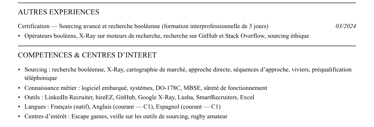 CV sourceur·se / talent sourcer : compétences et centres d’intérêt