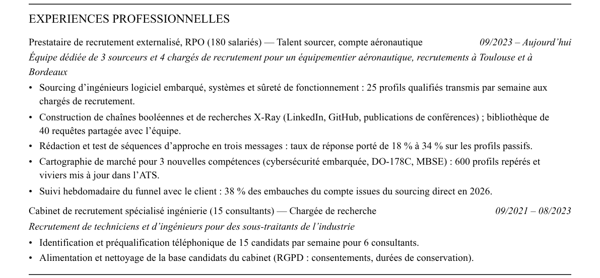 CV sourceur·se / talent sourcer : expériences