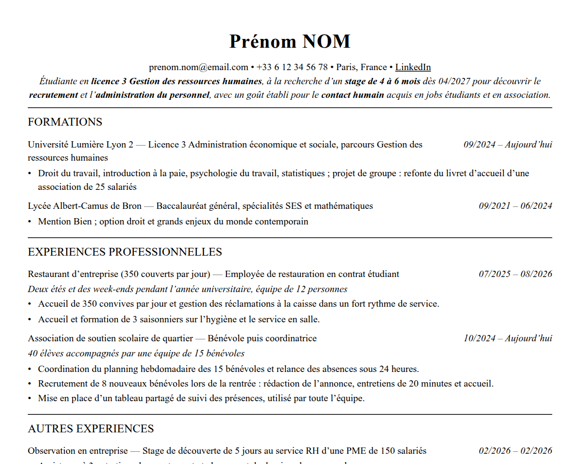 Aperçu : Exemple de CV Stagiaire RH