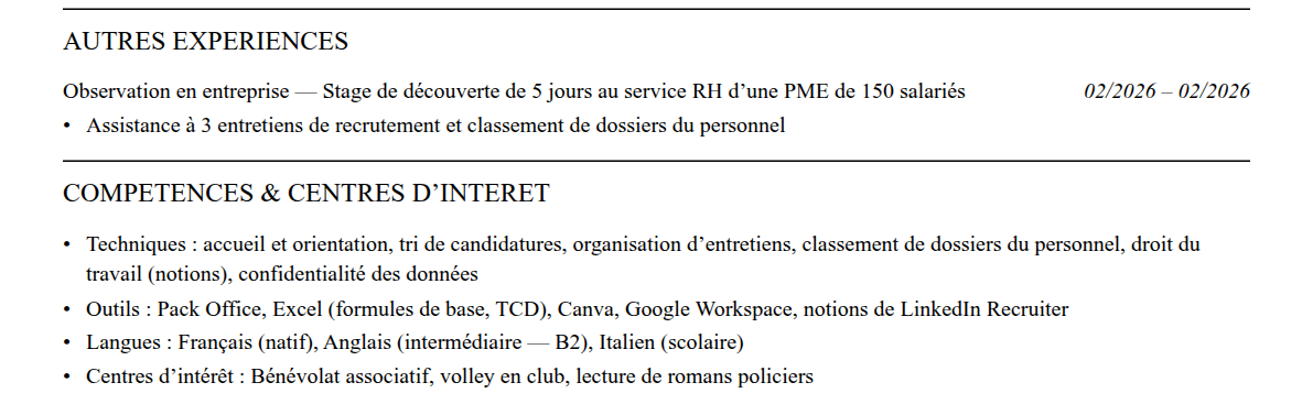CV stagiaire rh : compétences et centres d’intérêt
