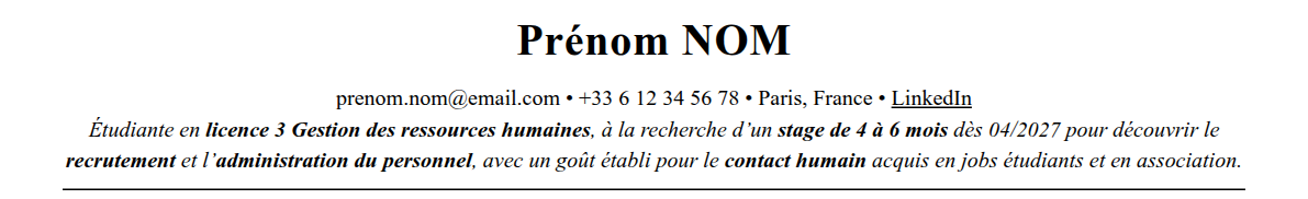 CV stagiaire rh : en-tête et accroche