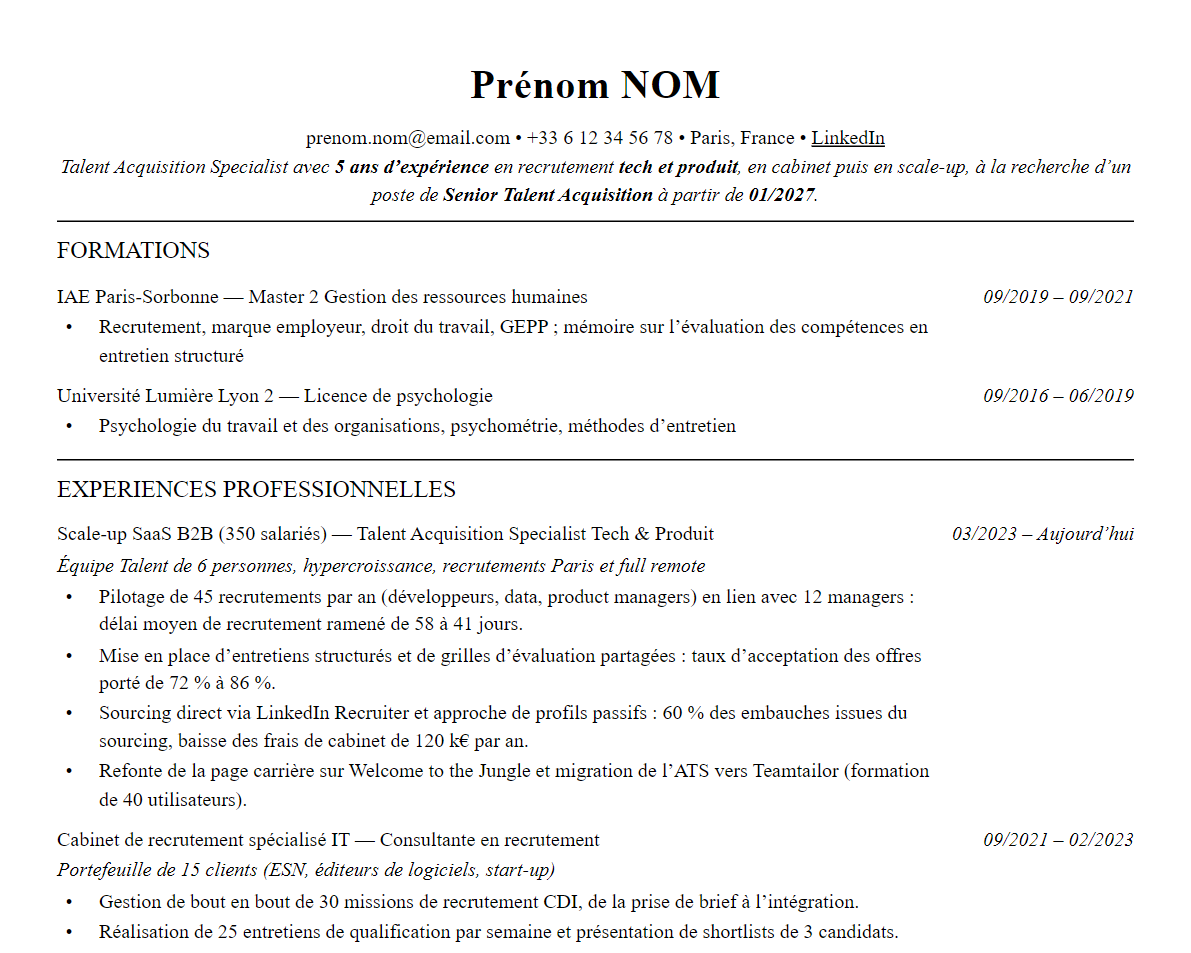 Aperçu : CV Talent Acquisition / Recruteur : exemple commenté + modèle 2026