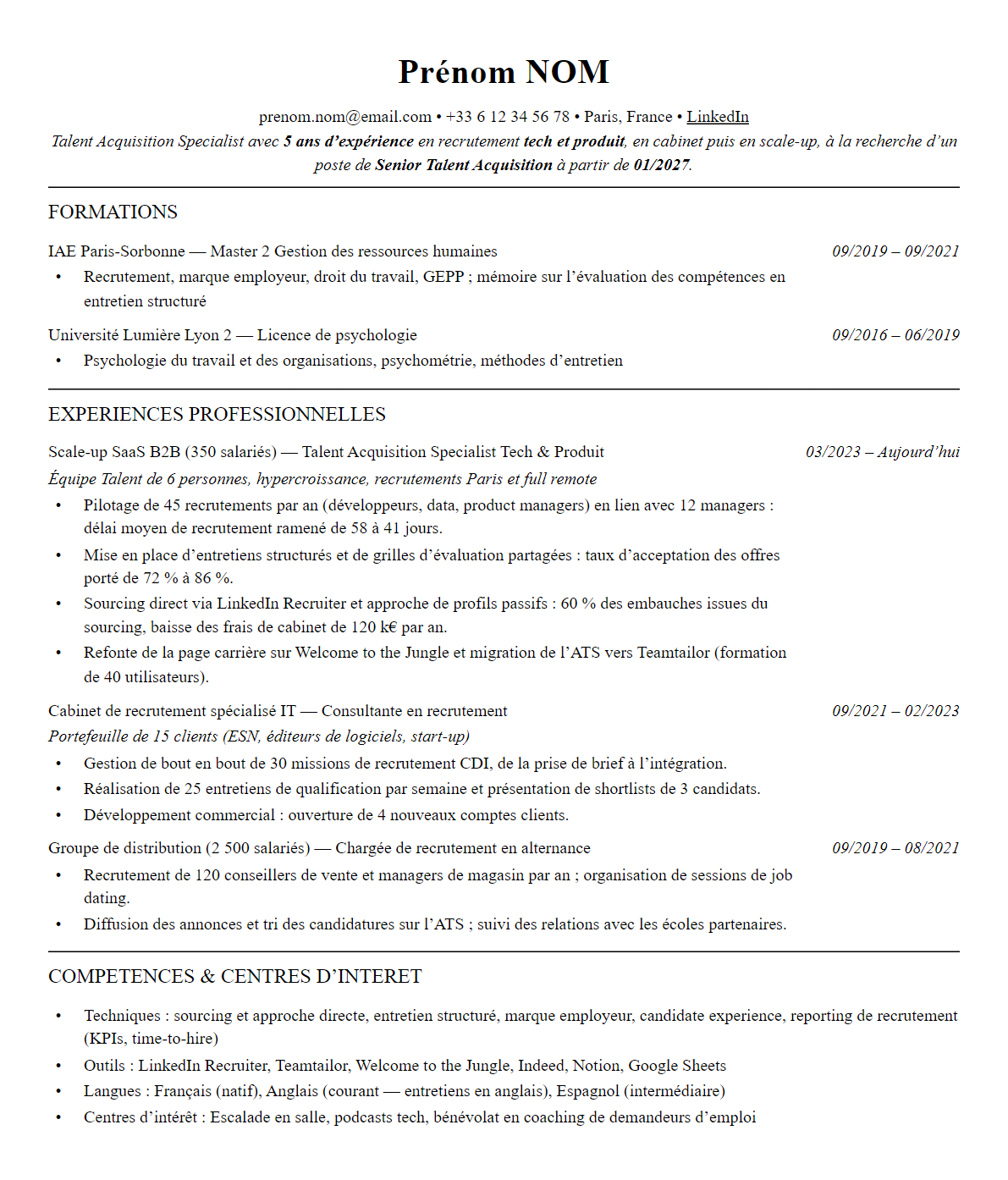 CV complet sur une page